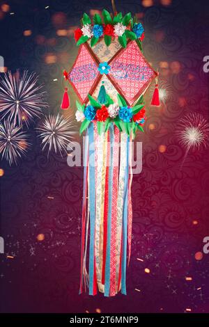 Happy Diwali. Traditional Indian Festival Background with Lamps and Fireworks. Stock Photo