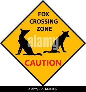 Yellow road sign: caution fox Crossing Zone. Drive slowly for animal safety. Common on roads sign. Vector illustration on white background. Stock Vector