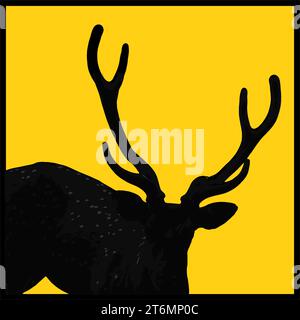 Yellow road sign: Deer Crossing Zone. Drive slowly for the beware of Wild animal movement Animal crossing sign. a Vector illustration Stock Vector