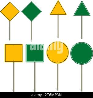 road sign blank template. Road sign set traffic blank sign mockup blank. Highway signs.  yellow pointers on the road, traffic control signs. Stock Vector