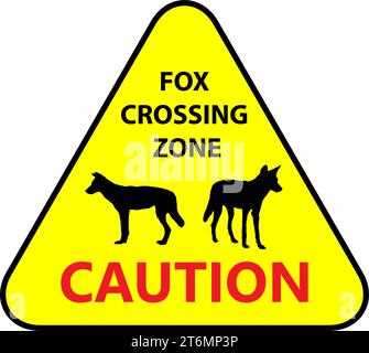 Yellow road sign: Fox Crossing Zone. Drive slowly for animal safety. Common on roads. Vector illustration on white background. Stock Vector
