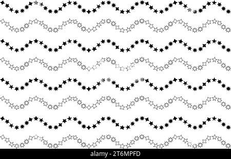 Different line wavy pattern. stars, circles, triangles. Abstract geometric simple minimalistic seamless patterns set. use as textile, print design. Stock Vector
