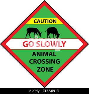 road sign: Deer Crossing Zone. Drive slowly for animal safety. Common on roads. Vector illustration on white background. road Deer and wild ox. Drive Stock Vector