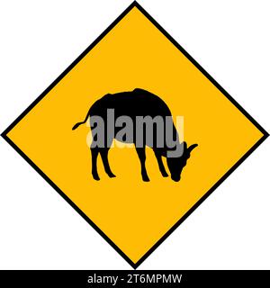 Yellow road sign: Cow Crossing Zone. warning signal. Drive slowly for animal safety. Common on roads. Vector illustration on white background. Stock Vector