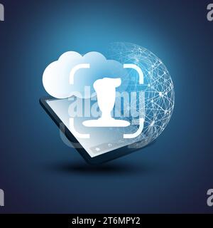 Face Recognition, Login, Facial User Authentication for Cloud or an Online Service - Face Symbol on a Cloud, Wireframe Globe and Tablet PC - Illegal S Stock Vector