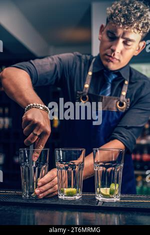 Bartender squeezing ripe limes in glass while preparing mojito in bar Stock Photo