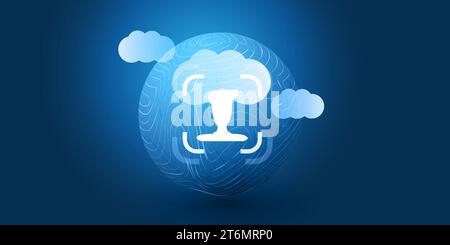 Face Recognition, Login, Facial User Authentication for Cloud or an Online Service - Face Symbol on a Cloud, Wireframe Globe and Tablet PC - Illegal S Stock Vector