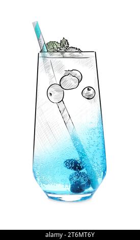 Blueberry drink on white background, combination of photo and sketch Stock Photo