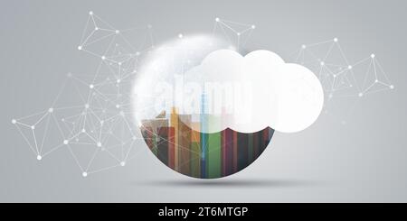 Futuristic Smart City, Cloud Computing Design Concept with 3D Polygonal Mesh, Cluster, Nodes and White Cloud - Global Digital Network Connections Betw Stock Vector