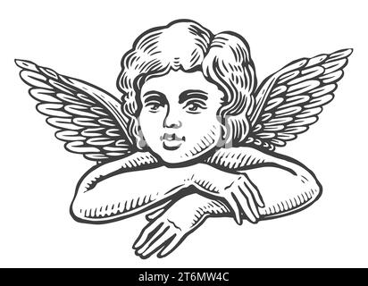 Little angel, vintage engraving style. Cute baby with wings, black and white vector illustration Stock Vector