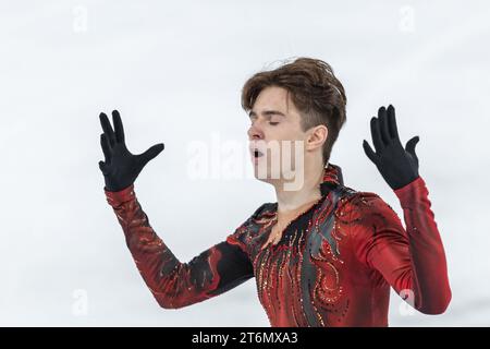 (231110) -- CHONGQING, Nov. 10, 2023 (Xinhua) -- Mikhail Shaidorov of Kazakhstan performs during the men's free skating at the Cup of China ISU Grand Prix of Figure Skating 2023 in southwest China's Chongqing Municipality, Nov. 11, 2023. (Xinhua/Huang Wei) Stock Photo