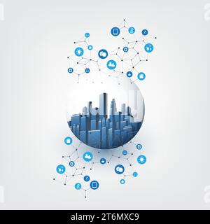 Futuristic Smart City, IoT and Cloud Computing Design Concept with Icons, Polygonal Mesh, Cluster and Nodes and Tall Buildings Inside a Glass Globe - Stock Vector