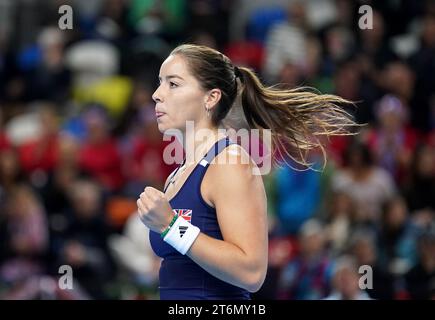 Great Britain's Jodie Burrage celebrates a point against Sweden's Kajsa Rinaldo Persson (not pictured) during day one of the 2023 Billie Jean King Cup play-off between Great Britain and Sweden at the Copper Box Arena, London. Picture date: Saturday November 11, 2023. Stock Photo