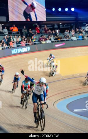 Daniella Khan United Kingdom, Winning the Women's  scratch rcae, UCI track Champions League, Round 4 London . Friday 10th November Stock Photo