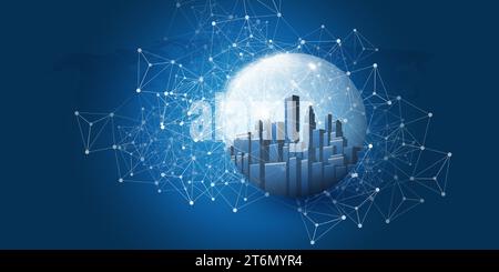 Futuristic Smart City, IoT and Cloud Computing Design Concept with 3D Polygonal Mesh, Cluster and Nodes - Cityscape Skyline in a Glass Globe - Digital Stock Vector