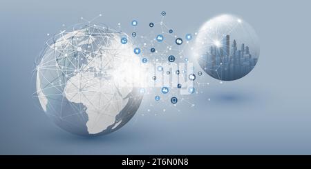 Futuristic Smart City, IoT and Cloud Computing Design Concept with Polygonal Mesh, Cluster, Nodes,  Earth Globe - Digital Network Connections Between Stock Vector