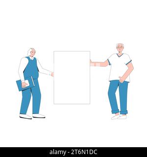 Elderly men standing with blank, placard. Two friends holding a banner in their hands. Stock Vector