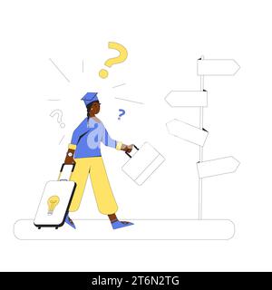 Young woman standing at crossroads. Graduate looking at singpost. Confused person thinking about the right path. Vector illustration in line art style Stock Vector