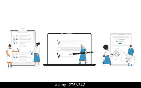 Survey concepts set isolated on a white background. Quality test. Client answers. Vector illustration. Stock Vector