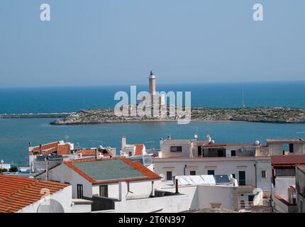 Vieste, Italy - 25 August 2023: view of port of Vieste with lighthouse Stock Photo