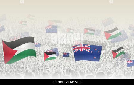 Palestine and New Zealand flags in a crowd of cheering people. Crowd of people with flags. Vector illustration. Stock Vector