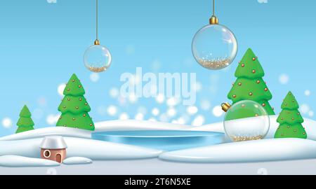 Christmas background. 3d empty podium for products presentation, new year winter snow, happy holidays, merry Xmas light decoration, season sale. Horiz Stock Vector