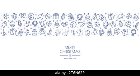 Christmas banner. Xmas icon, line elements. Decoration or ornament border, line card with tree and gifts, outline snowflakes. Horizontal poster in min Stock Vector