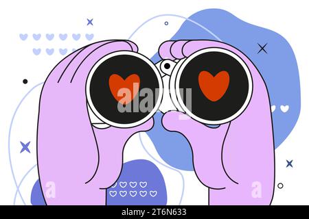 Binocular. Love searching. Hands holding spyglass. Lover looking and surveillance. Heart icons. Magnification glasses. Boyfriend finding. Man seeing o Stock Vector