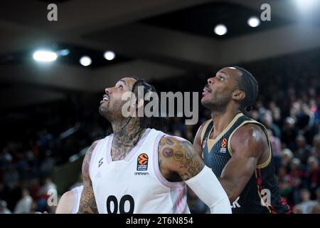 Asvel player #00 Mike Scott and Monaco player #4 Jaron Blossomgame are seen in action during day 7 of the Turkish Airlines Euroleague Basketball during Monaco's 80-70 win over Asvel in Monaco, Monaco on November 10, 2023. Photo by Laurent Coust/ABACAPRESS.COM. Stock Photo