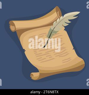 Scroll with Feather Pen, vector illustration Stock Vector