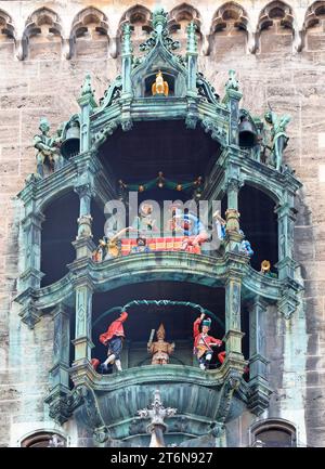 Detail on the tower of city hall of Munich including carillon figurines of clock on Mary's Square, Germany Stock Photo