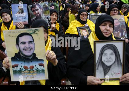 11 November 2023, Lebanon, Beirut: Supporters of the Lebanese Shiite Muslim movement Hezbollah take part in an event marking the Martyrs' Day, amid the ongoing battles between Israel and the Palestinian group Hamas. Photo: Marwan Naamani/dpa Stock Photo