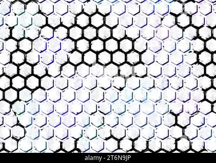 A large abstract design image showcasing a hexagonal pattern with white divisions and cool-colored cells. The cells exhibit a dark, liquid metallic su Stock Photo