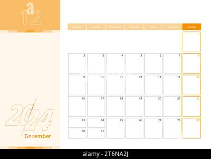 Horizontal planner for December 2024 in the orange color scheme. The week begins on Monday. A wall calendar in a minimalist style. Vector calendar 202 Stock Vector