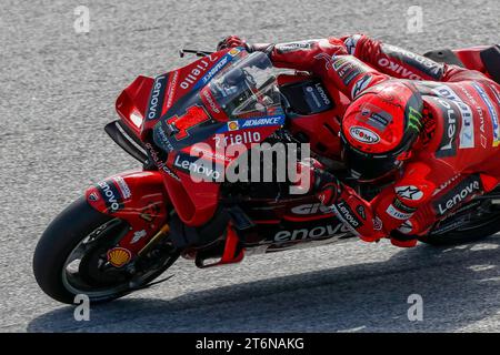 Italian rider Francesco Bagnaia of Ducati Lenovo Team in action during the MotoGP qualifying session of the Petronas Grand Prix of Malaysia at Sepang International Circuit in Sepang. (Photo by Wong Fok Loy / SOPA Images/Sipa USA) Stock Photo