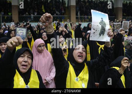 11 November 2023, Lebanon, Beirut: Supporters of the Lebanese Shiite Muslim movement Hezbollah take part in an event marking the Martyrs' Day, amid the ongoing battles between Israel and the Palestinian group Hamas. Photo: Marwan Naamani/dpa Stock Photo