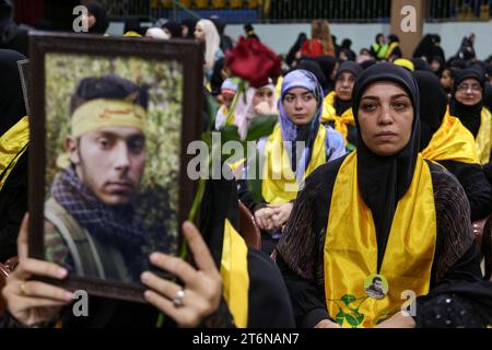 11 November 2023, Lebanon, Beirut: Supporters of the Lebanese Shiite Muslim movement Hezbollah take part in an event marking the Martyrs' Day, amid the ongoing battles between Israel and the Palestinian group Hamas. Photo: Marwan Naamani/dpa Stock Photo