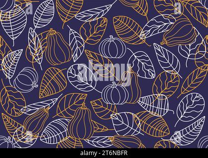 Seamless pattern of autumn leaves and pumpkins. Vector autumn seamless pattern of contours on a dark blue background. Vector doodle illustration. Stock Vector
