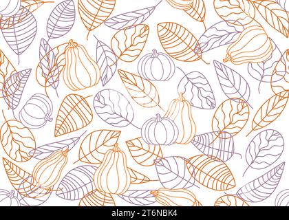 Seamless pattern of autumn leaves and pumpkins. Autumn seamless background from leaves outlines, line art. Vector doodle illustration. Stock Vector
