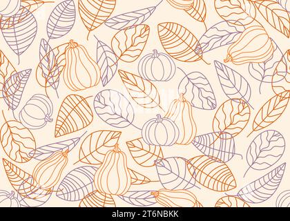 Seamless pattern of autumn leaves and pumpkins. Autumn seamless background from leaves outlines, line art. Vector doodle illustration. Stock Vector