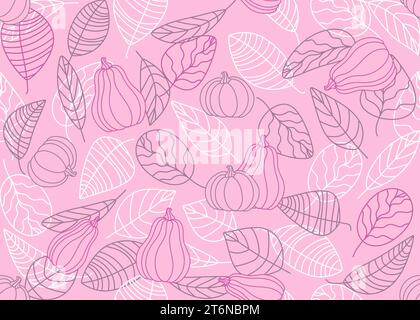 Seamless pattern of autumn leaves and pumpkins. Vector pink autumn seamless background from contours. Vector doodle illustration. Stock Vector
