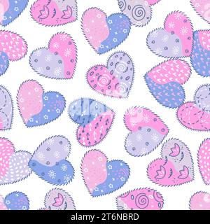 Pattern of handmade pink and blue hearts on a white background. Vector seamless pattern for printing on paper and fabric. Stock Vector