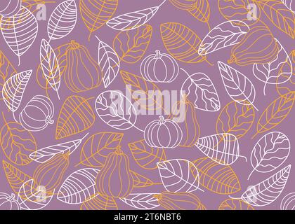 Seamless pattern of autumn leaves and pumpkins. Vector autumn seamless pattern of contours on a dark background. Vector doodle illustration. Stock Vector