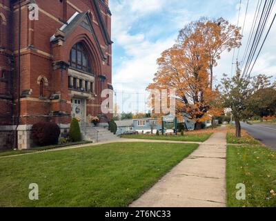 New York Mills, New York - Oct 25, 2023: Landscape Close-up View of Calvary Gospel Church Entrance Door. Stock Photo