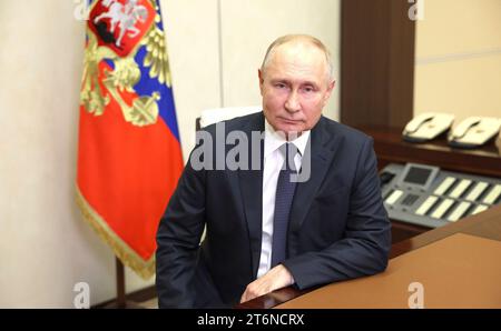 Novo-Ogaryovo, Russia. 10 November, 2023. Russian President Vladimir Putin congratulates Interior Ministry employees and veterans on their professional holiday in a video link from the Novo-Ogaryovo presidential state residence, November 10, 2023 outside Moscow, Russia. Credit: Gavriil Grigorov/Kremlin Pool/Alamy Live News Stock Photo