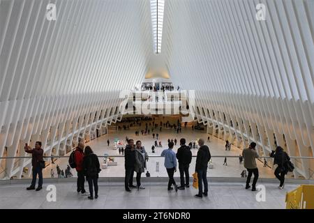 New York, Manhattan, United States. The interior of the Oculus in the Westfield World Trade Center, designed by Santiago Calatrava. Stock Photo