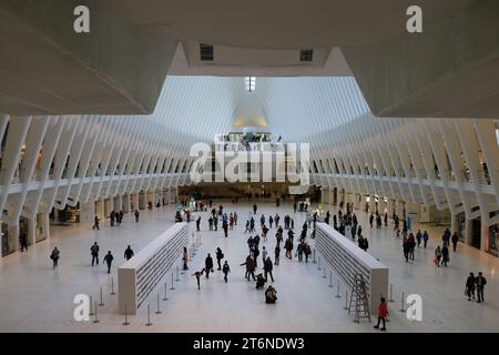 New York, Manhattan, United States. The interior of the Oculus in the Westfield World Trade Center, designed by Santiago Calatrava. Stock Photo