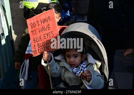 London, UK. 11th Nov 2023. The Israelis are carrying out a barbaric bombing campaign in Gaza. Over 10,000 people have died, with 40% of them being children. Protesters are demanding a immediately ceasefire. There have been thousands more injuries or displacements. If Israel's ceasefire is not fulfilled, some protestors suggests arming Palestine with tanks, fighter jets, and a navy for self-defense. Credit: See Li/Picture Capital/Alamy Live News Stock Photo