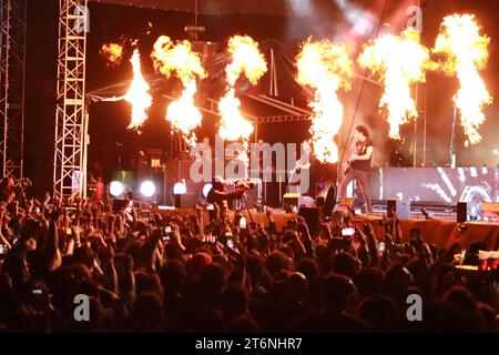 November 11, 2023, Mexico City, Ciudad de Mexico, Mexico: November 8, 2023 in Mexico City, Mexico. Christian Andreu member of the french death metal band 'Gojira' performs during the Mega Monsters tour concert at the Olympic velodrome. On November 8, 2023. In Mexico City. (Credit Image: © Carlos Santiago/eyepix via ZUMA Press Wire) EDITORIAL USAGE ONLY! Not for Commercial USAGE! Stock Photo