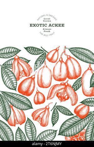 Hand drawn sketch style ackee seamless pattern. Organic fresh food ...